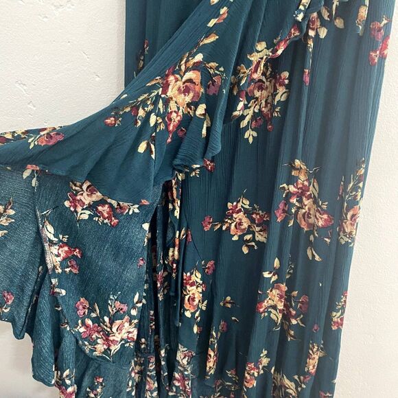 Xhilaration | Teal Floral Maxi Dress Flutter Sleeves Faux Wrap - Picture 6 of 9